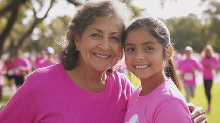 Senior Hispanic woman smiling while hugging her young adult granddaughter at a breast cancer awareness charity race, both wearing pink athletic clothing as other participants register in background