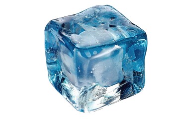 Obraz premium A frozen ice cube with water droplets glistening on its surface, ideal for use in illustrations about temperature, climate, or scientific concepts