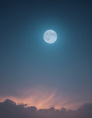 A bright full moon rises over a sea of clouds, illuminating the serene night sky with a soft, celestial glow. The dark blue sky is dotted with faint stars, creating a tranquil, dreamlike atmosphere.