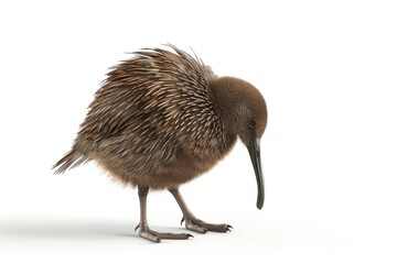 A single brown bird stands on the edge of a white surface, looking out