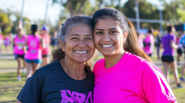 Senior Hispanic woman smiling while hugging her young adult granddaughter at a breast cancer awareness charity race, both wearing pink athletic clothing as other participants register in background