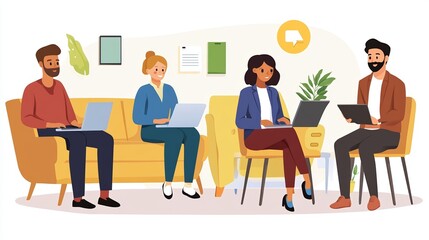 Obraz premium Diverse group of ethnic individuals collaborating and working together in a vibrant co-working space. Teamwork and innovation thrive in a multicultural environment