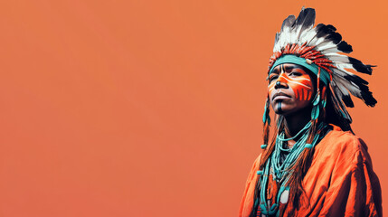 Obraz premium Portrait of young person in indigenous attire with traditional headpiece against color background