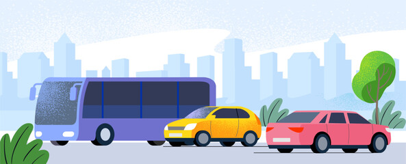 City street with bus and cars. Traffic on road