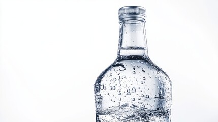 A vodka bottle with droplets of water running down the side, representing a cold, chilled bottle, isolated on white.