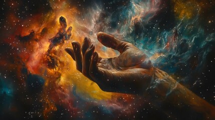 Fototapeta premium Hand Capturing a Nebula: A hand gently grasping a swirling, colorful nebula, with tendrils of gas and dust flowing between the fingers. 