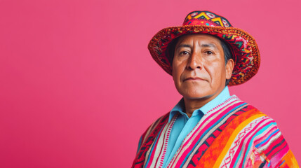 Fototapeta premium Middle aged latin american man in traditional clothing on solid color background