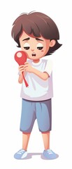 A young boy stands with a red toy, displaying a thoughtful expression in a playful cartoon style, perfect for children's themes.