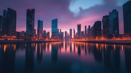 Fototapeta premium Modern city skyline at dusk reflecting on calm river, urban glowtime.