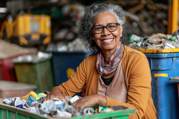 Elderly Woman sorting plastic in Autumn Afternoon 