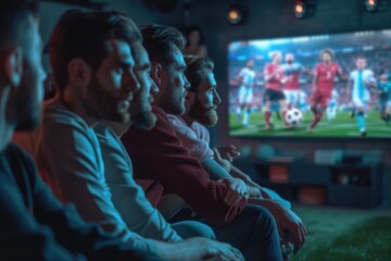 Obraz premium People watch a soccer game on TV at home or in a pub