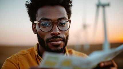 A thoughtful man in a casual setting examines a document in front of wind turbines, symbolizing his engagement with renewable energy technologies and environmental awareness.
