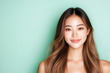 Naklejka premium A young asian woman with beautiful long hair smiles warmly against a soft green background, radiating confidence and positivity.