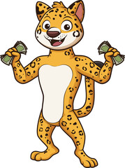 Cartoon jaguar character holding cash vector illustration