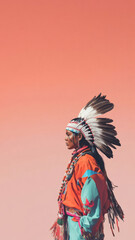 Person wearing traditional native american clothing, side view on color background