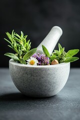 A beautiful arrangement of fresh herbs in a gray marble mortar and pestle, ideal for cooking or herbal remedies.