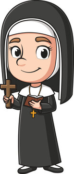 recommend clip art: Cartoon christian nun holding cross and bible vector illustration