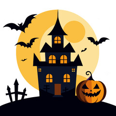 Halloween background with pumpkin and bats house with transparent background 