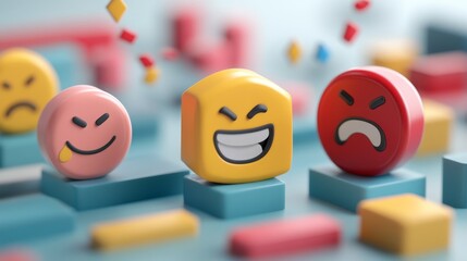Emotive faces, colorful charts for consumer sentiment analysis in 3D concept