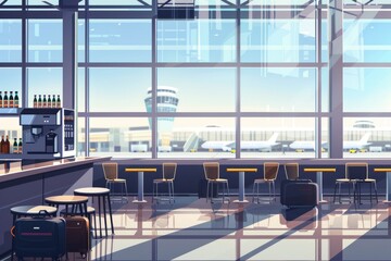 Lounge area with chairs and tables near the airport gate, suitable for travel or business use