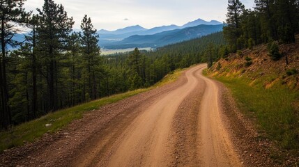 Fototapeta premium Pine forest dirt road winding through rugged wilderness.