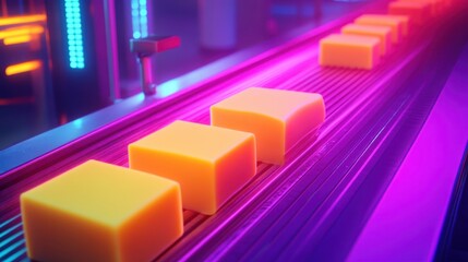 Vibrant production line showcasing bright yellow blocks moving under neon lights, highlighting modern industrial processes.