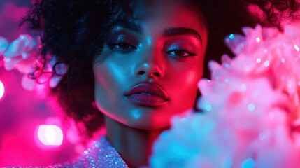 Artistic close-up portrait of a woman bathed in vibrant pink lighting, showcasing striking beauty, confidence, and individuality, highlighted in a dramatic flair.