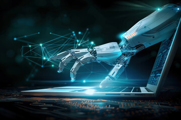 Futuristic Robot Hand Interacting with Laptop at Night 