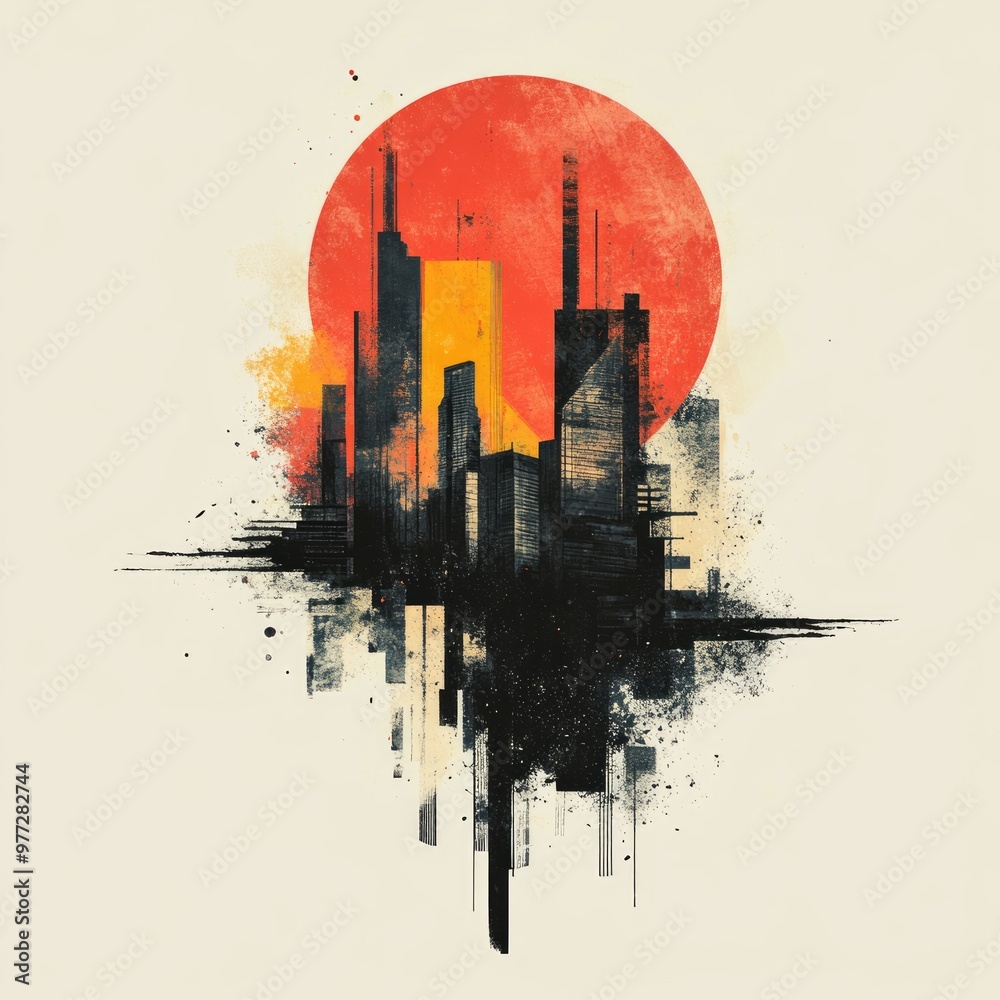 Poster Abstract city skyline with a large sun in the background.