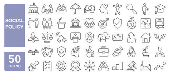 Set of 50 line icons related to social policy, equal, care, justice, legislative, legal, services, government, protection, education, healthcare, safety, support, Editable stroke. Vector illustration