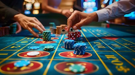 Betting Chips on Craps Table: Hands placing a bet on the craps table, dice ready to be rolled and chips in place.
