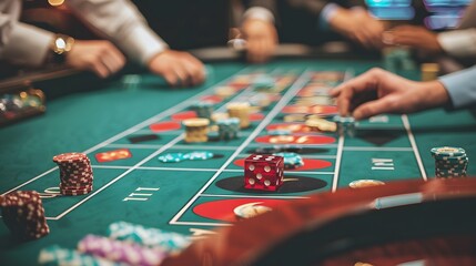 Betting Chips on Craps Table: Hands placing a bet on the craps table, dice ready to be rolled and chips in place.
