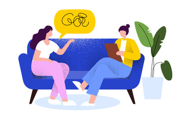 Psychotherapy session. Woman talking to psychologist sitting on sofa. Mental health Vector flat style