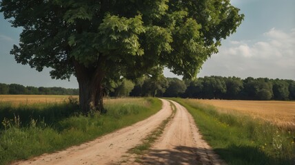 Sandy Road, Nature, Summer, Sky, Sun, Trees, Clouds, Grass, Plants, Flowers, Sunset, Water