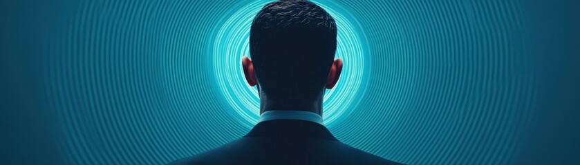 A professional man gazing toward a futuristic blue light, symbolizing inspiration and innovation in a modern world.