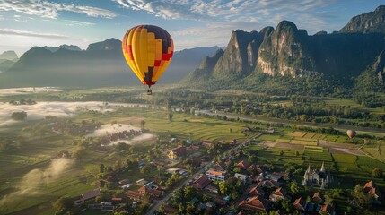 Naklejka premium A hot air balloon is flying over a town and a river