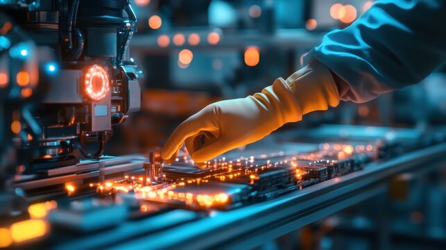 Close-up of a technician's hand operating a circuit board in a high-tech environment with glowing components.
