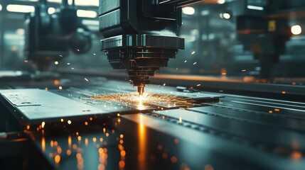 Close-up of advanced laser cutting technology with sparks flying, showcasing precision in metalworking and manufacturing.