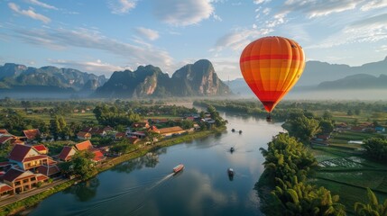 Fototapeta premium A hot air balloon is flying over a town with mountains in the background