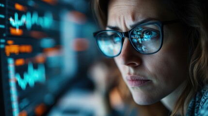 A tech professional intensely analyzes data on multiple computer screens, depicting a dynamic work environment driven by technology and information processing.
