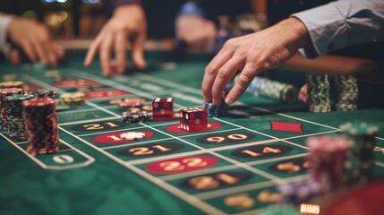 Naklejka premium Betting Chips on Craps Table: Hands placing a bet on the craps table, dice ready to be rolled and chips in place. 