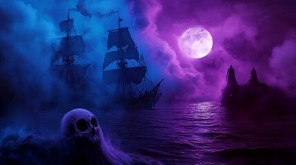 Eerie mist over haunted pirate bay with ghostly figures, dark night scene in watercolor style.