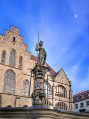 Fototapeta premium Roland Statue in Front of Town Hall on Marktplatz, Hildesheim, Germany