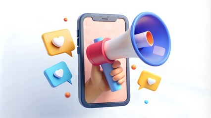 Bubble social media concept: A hand holding a smartphone and a megaphone notification in a minimal cartoon style, with talk, chat, and comments. This is a 3D rendered illustration.