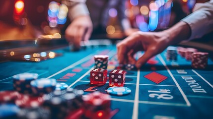 Betting Chips on Craps Table: Hands placing a bet on the craps table, dice ready to be rolled and chips in place.
