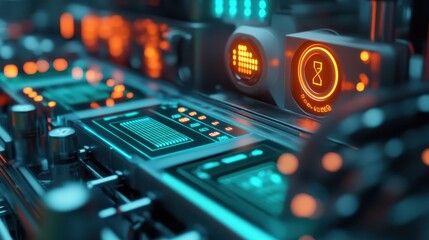 Obraz premium Close-up view of futuristic control panel with glowing buttons and high-tech indicators, showcasing advanced technology.