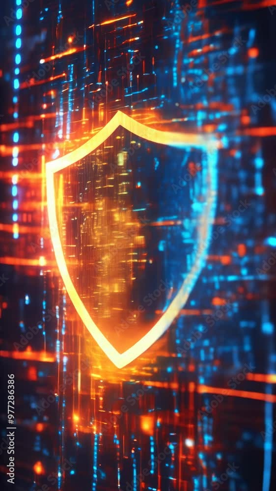 Poster Luminous shield depicting online security measures. Focus on internet safety and secure data exchange.