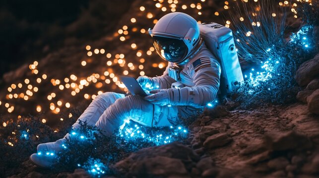 An astronaut exploring a mysterious alien planet with glowing blue vegetation camera Fujifilm X-T4 lens 18mm f/2.8