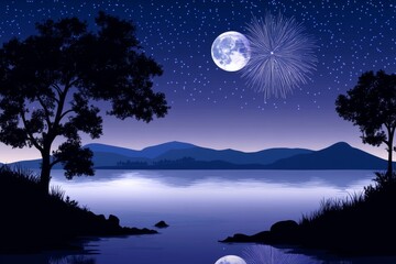Naklejka premium Night Sky with Fireworks Over a Tranquil Lake