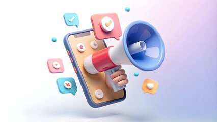 Bubble social media concept: A hand holding a smartphone and a megaphone notification in a minimal cartoon style, with talk, chat, and comments. This is a 3D rendered illustration.